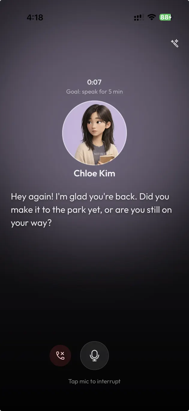 A live voice call with an AloWorld character, with a speaking goal and a tap-to-interrupt mic