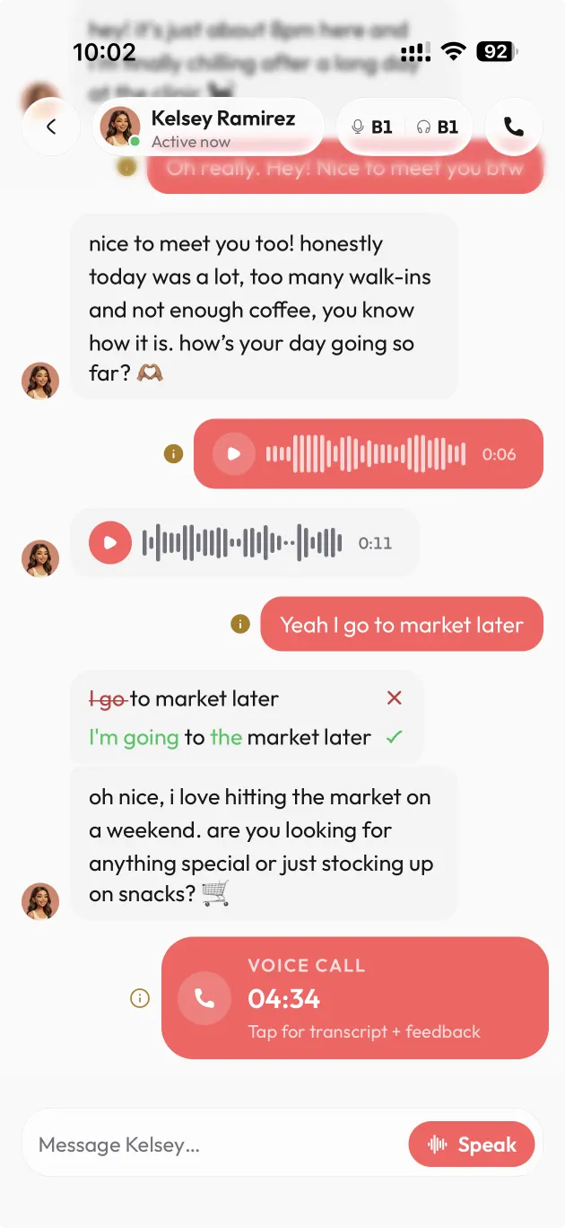 A real chat: the learner sends a voice note and sees it corrected right in the conversation