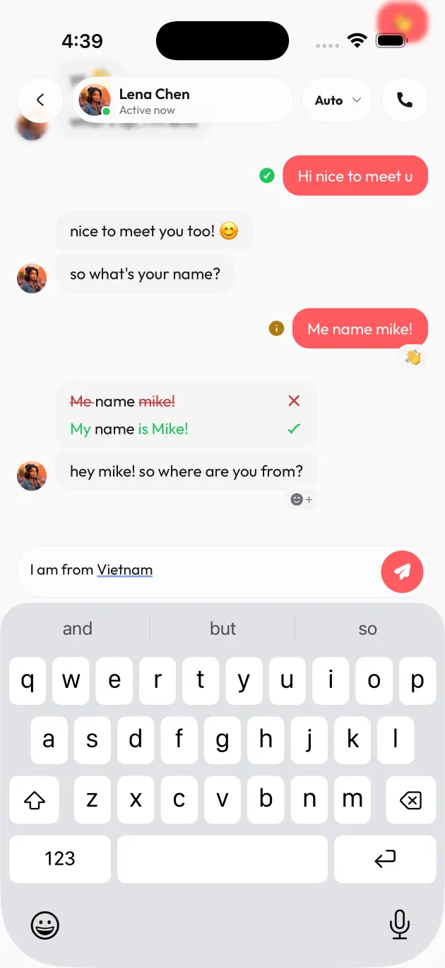 A real chat: the learner's message corrected inline