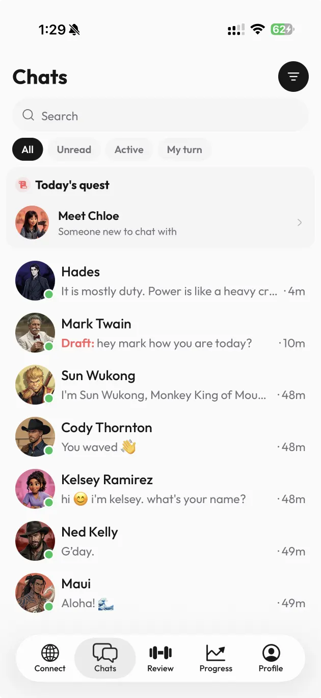 The AloWorld chats list, full of characters to talk to